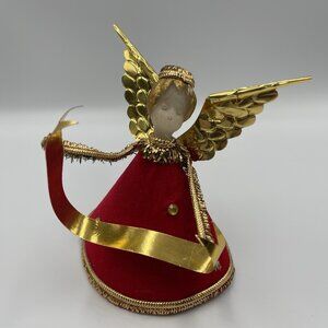 Vintage Koestel Wax Angel Figure in Red Velvet w/ Gold Wings Holding Banner 3.5"